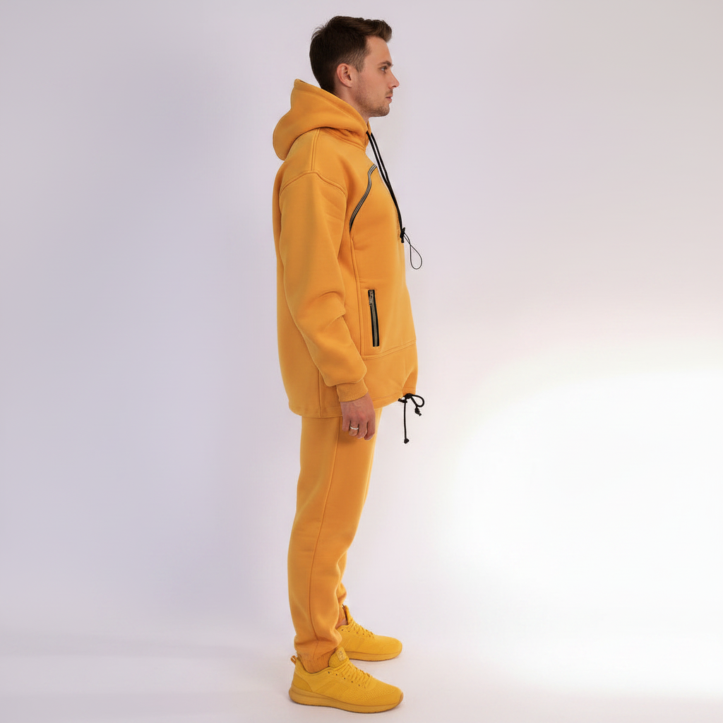 Person wearing a mustard yellow tracksuit on a white background