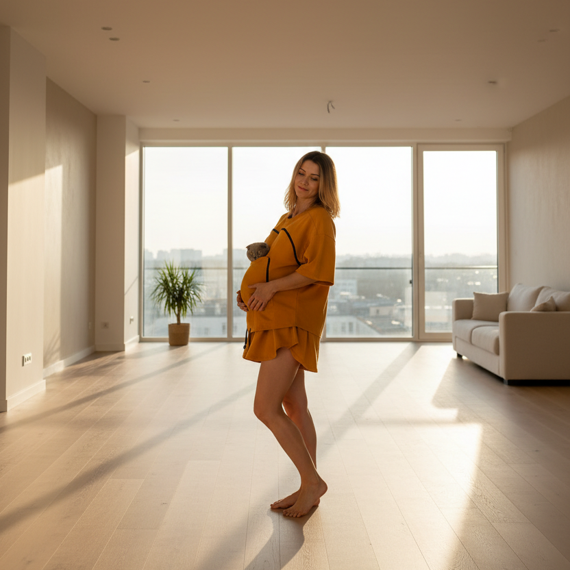 Woman in a mustard sweatshirt standing in a modern living room with large windows.