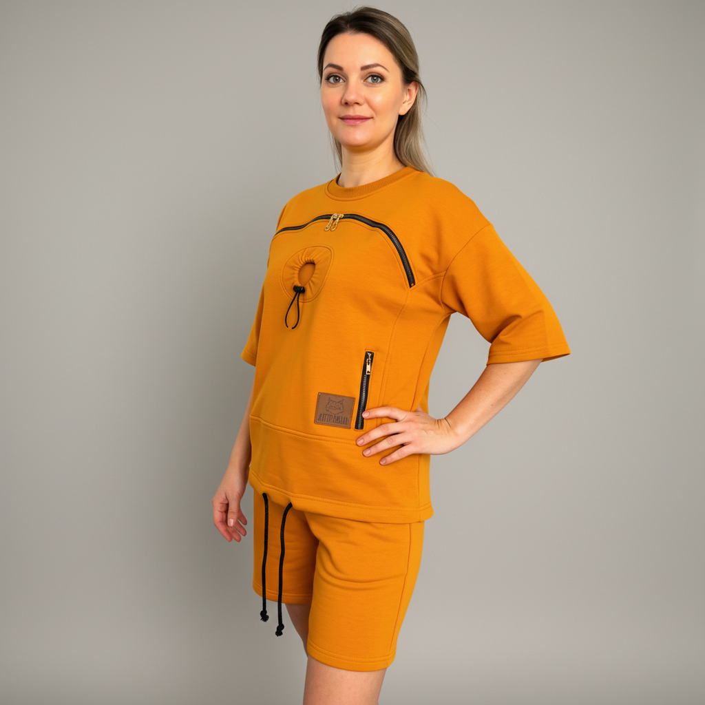 Woman wearing an orange outfit with a gray background