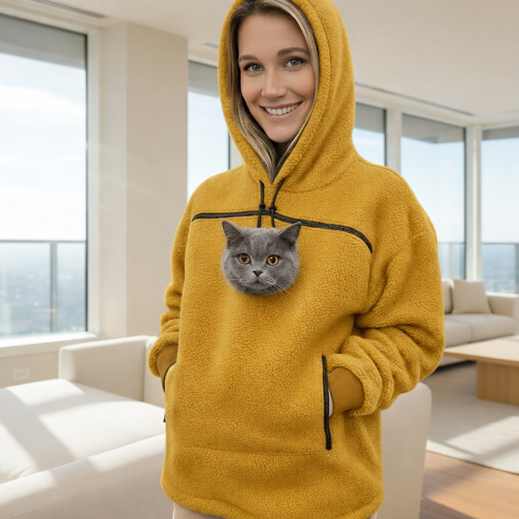 Person wearing a orange hoodie with a cat face design in a modern living room.