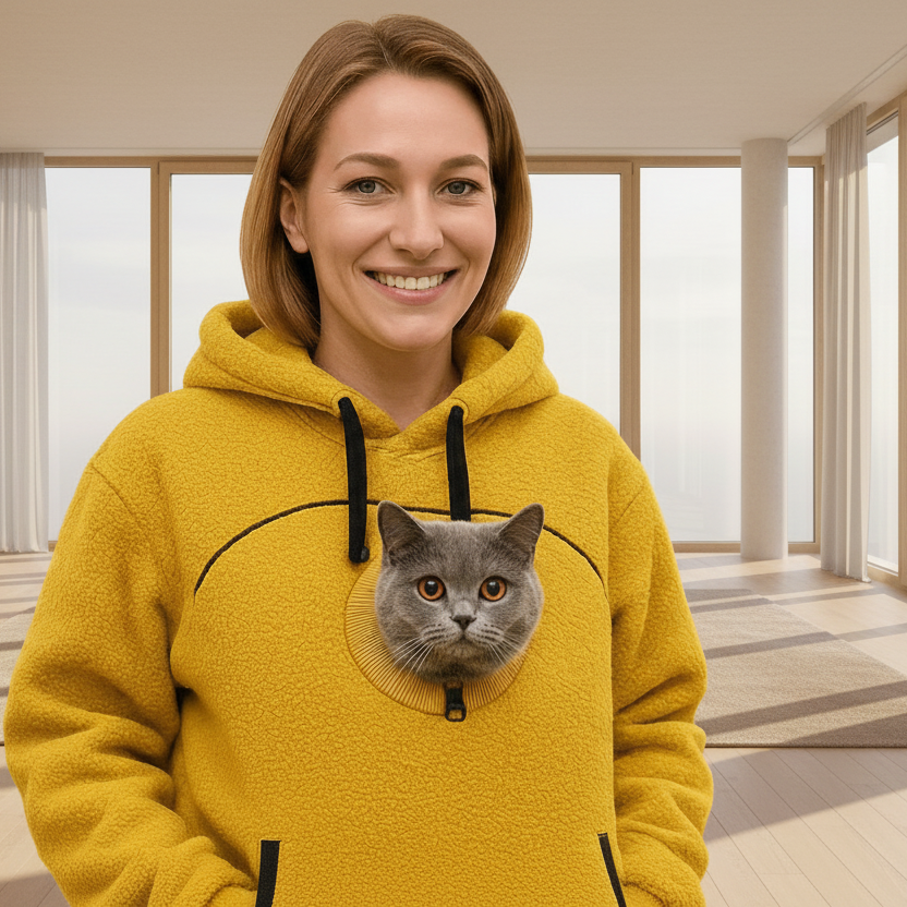 Person wearing a orange hoodie with a cat face design in a modern indoor setting