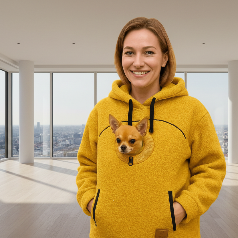 Person wearing a orange hoodie with a dog pocket, standing in a modern building with large windows.