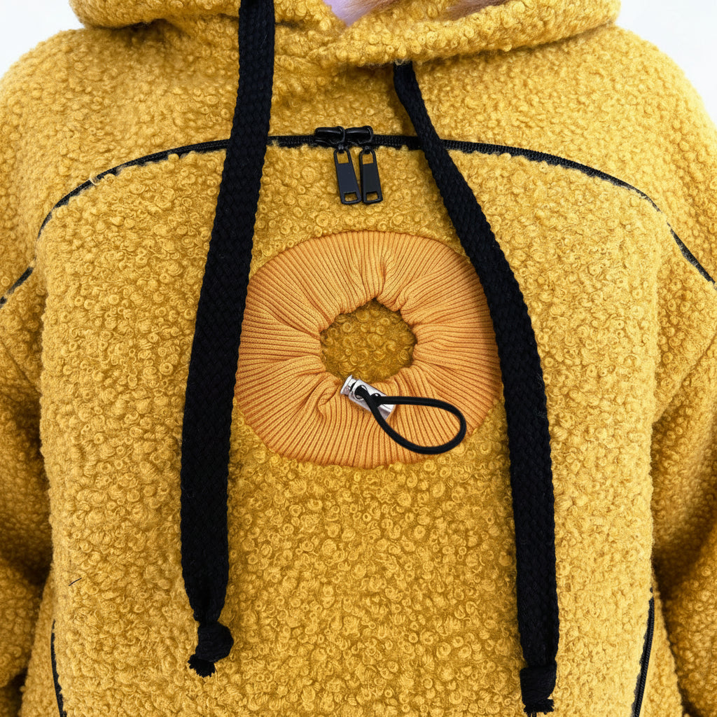 Close-up of a orange boucle fleece hoodie with black drawstrings and a circular orange patch.