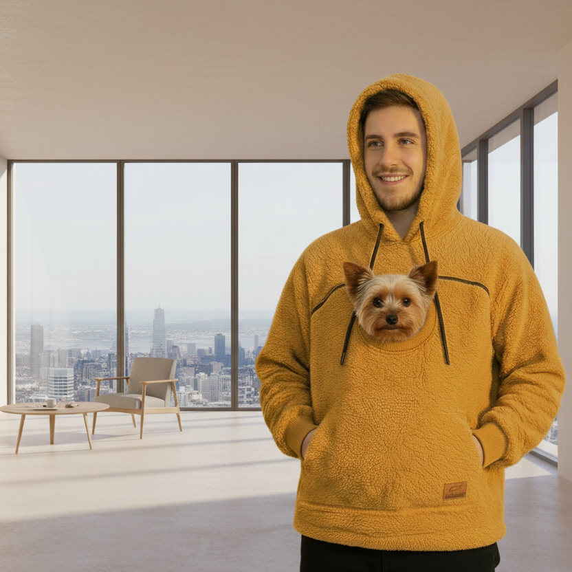Person wearing a orange boucle hoodie with a pocket containing a small dog, standing in a bright room.
