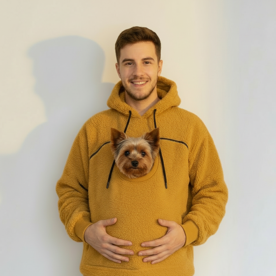 Person wearing a orange boucle hoodie with a dog peeking out of the pocket against a plain background