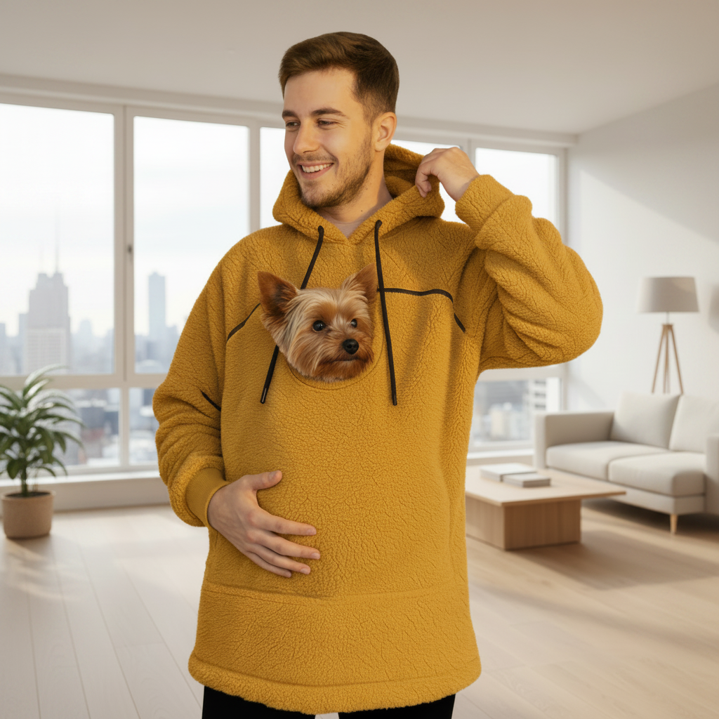 Orange Men's Fleece Hoodie: Clothes for Yorkies - Hoodie with Zip Up Pet Pouch for Carrier Dogs & Cats Secondary image