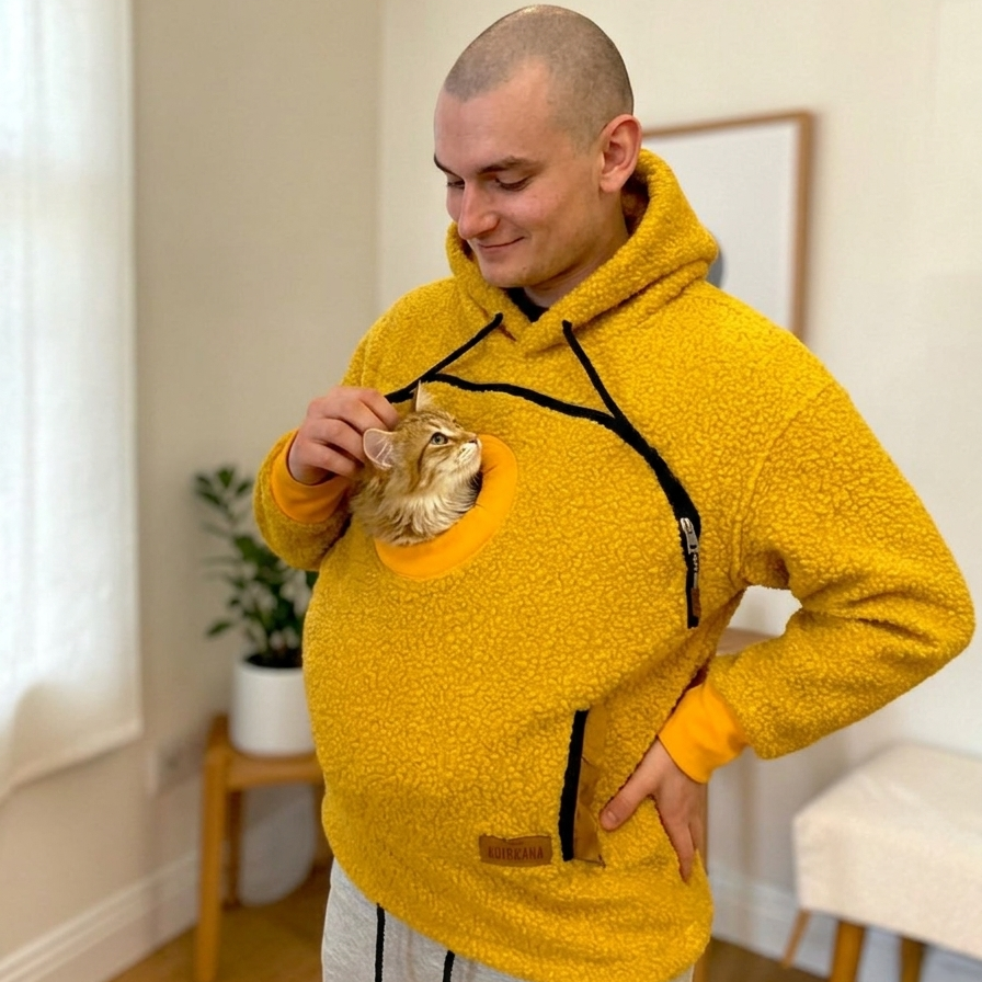 Person wearing a orange fleece hoodie with a pocket, holding a cat inside the pocket.