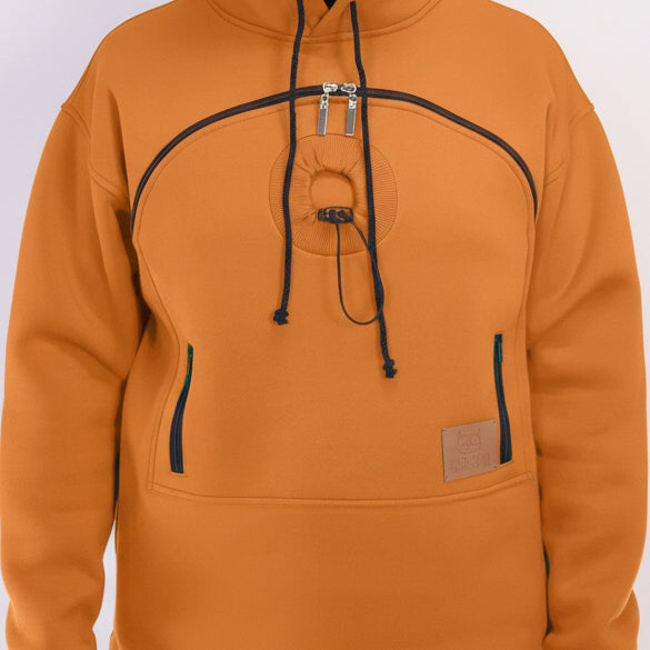 Orange hoodie with black accents on a white background