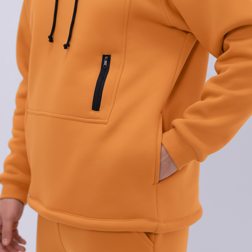 Orange hoodie with a black zipper pocket on a light gray background