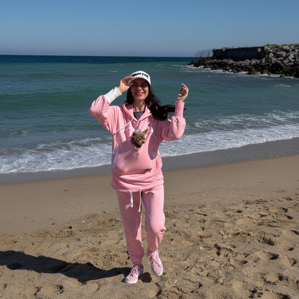 Person in pink outfit with a dog in a pouch on a beach Main image