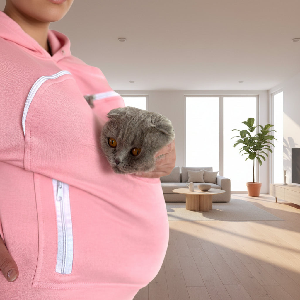 Person wearing a pink hoodie with a cat peeking out, in a modern living room.