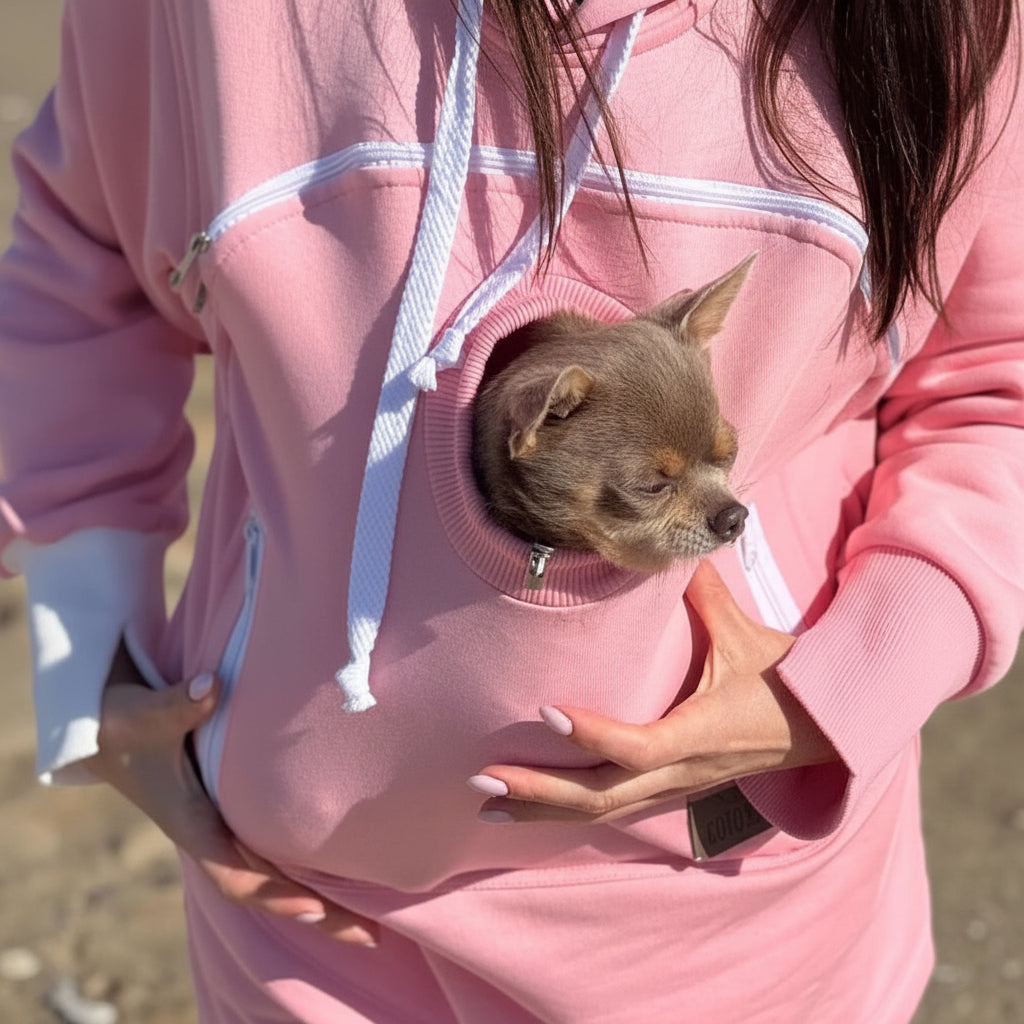 Person wearing a pink hoodie with a small dog peeking out of the front pocket, standing on a beach.