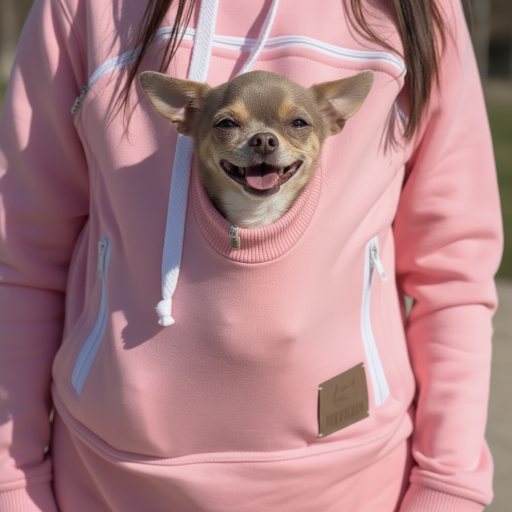 Small dog inside a pink hoodie with a visible brand logo.