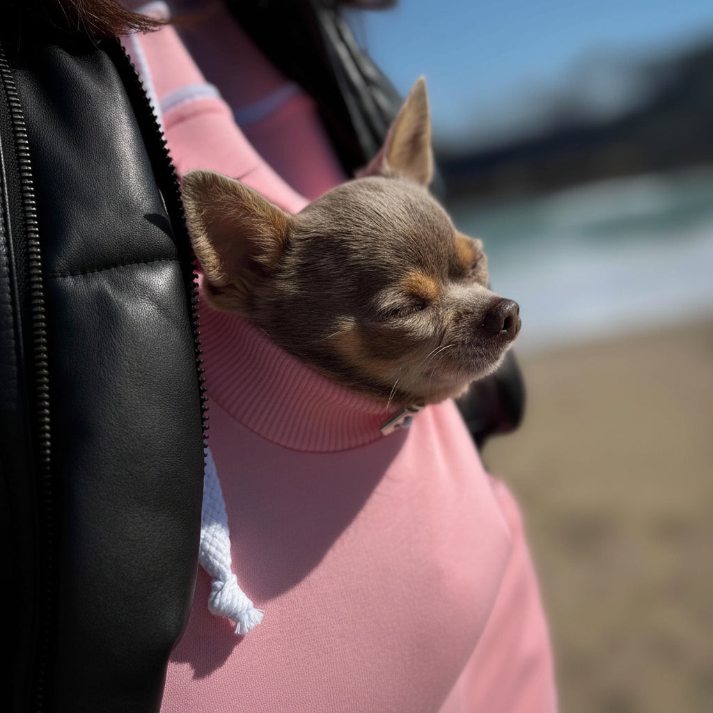 Small dog in a pink sweater being held by a person outdoors