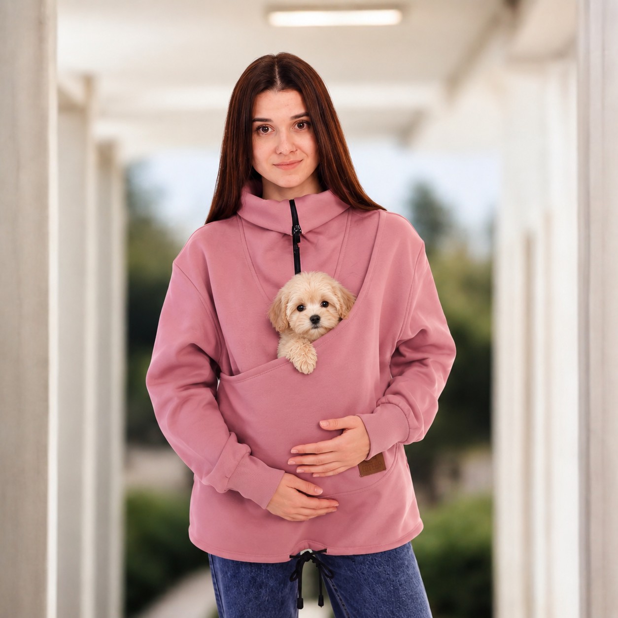 Women wearing a pink sweatshirt with a dog in pouch, standing indoors. Main image