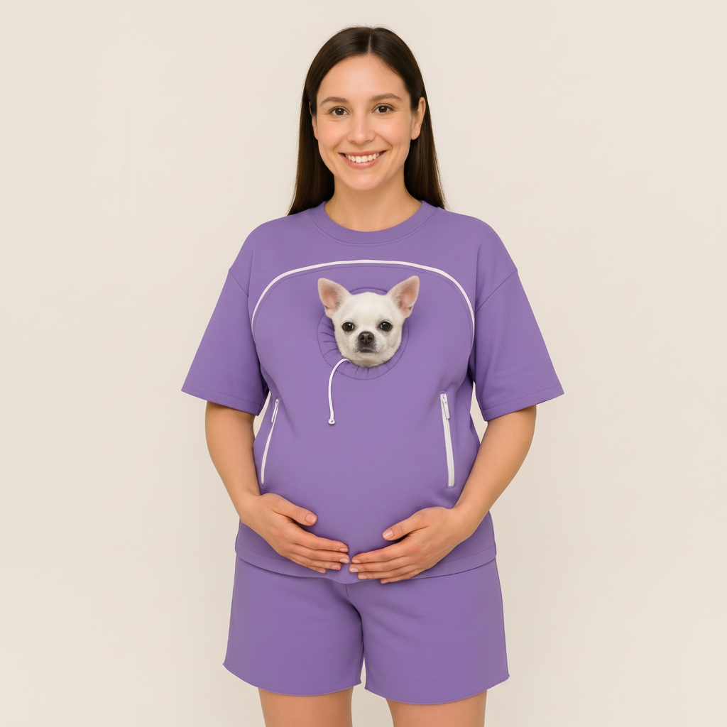 Person wearing a purple outfit with a dog graphic on a plain background Main image