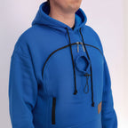 royal blue hoodie with black zippers and drawstrings on a white background