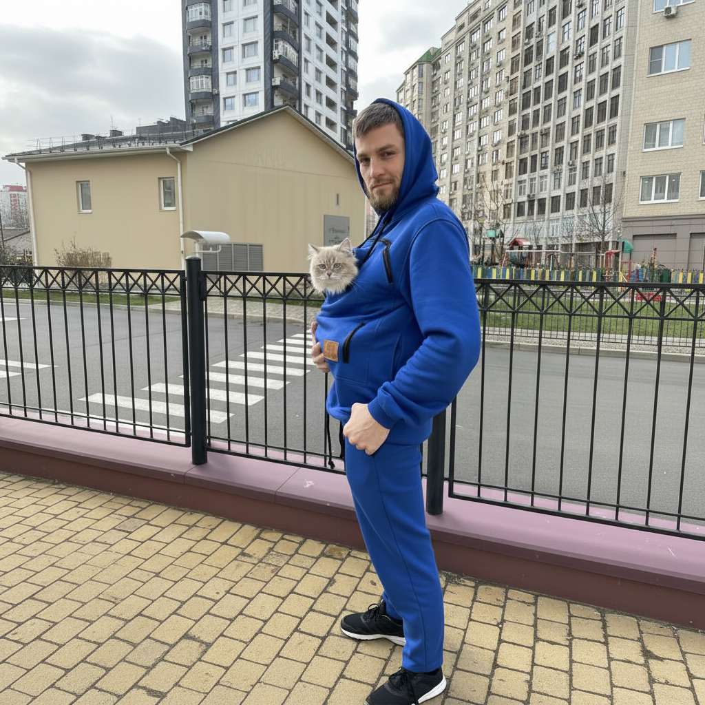 Man in blue tracksuit holding a cat in a carrier bag on a sidewalk with buildings in the background