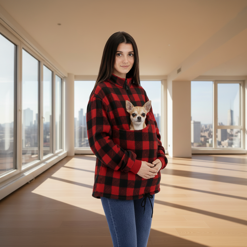 Women wearing a red square plaid sweatshirt with a dog Chihuahua in pouch, standing in living room. Main image