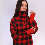 Women wearing a red square plaid sweatshirt with collar on white background