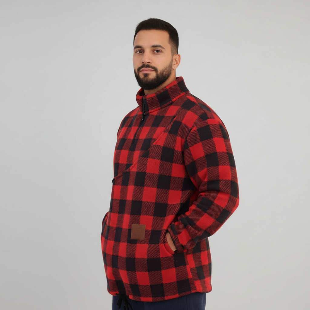 Men wearing a Red and Black Plaid sweatshirt on white background