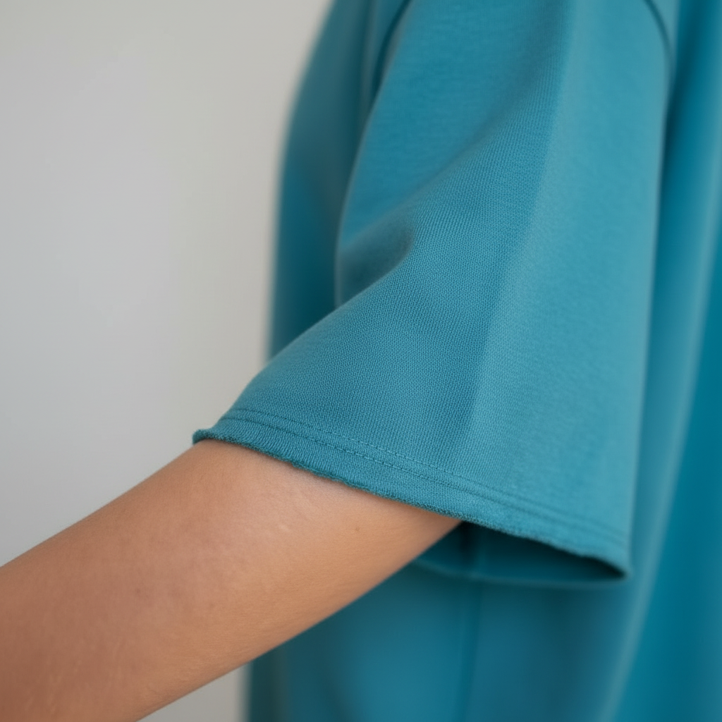 Close-up of a person wearing a teal shirt with a plain background