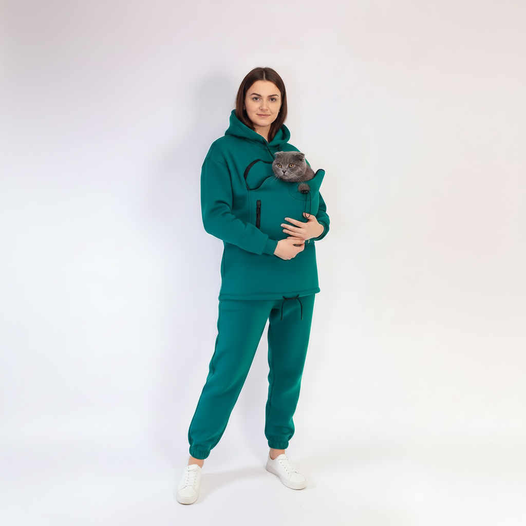 Person wearing a green teal tracksuit holding a gray cat on a white background Main image