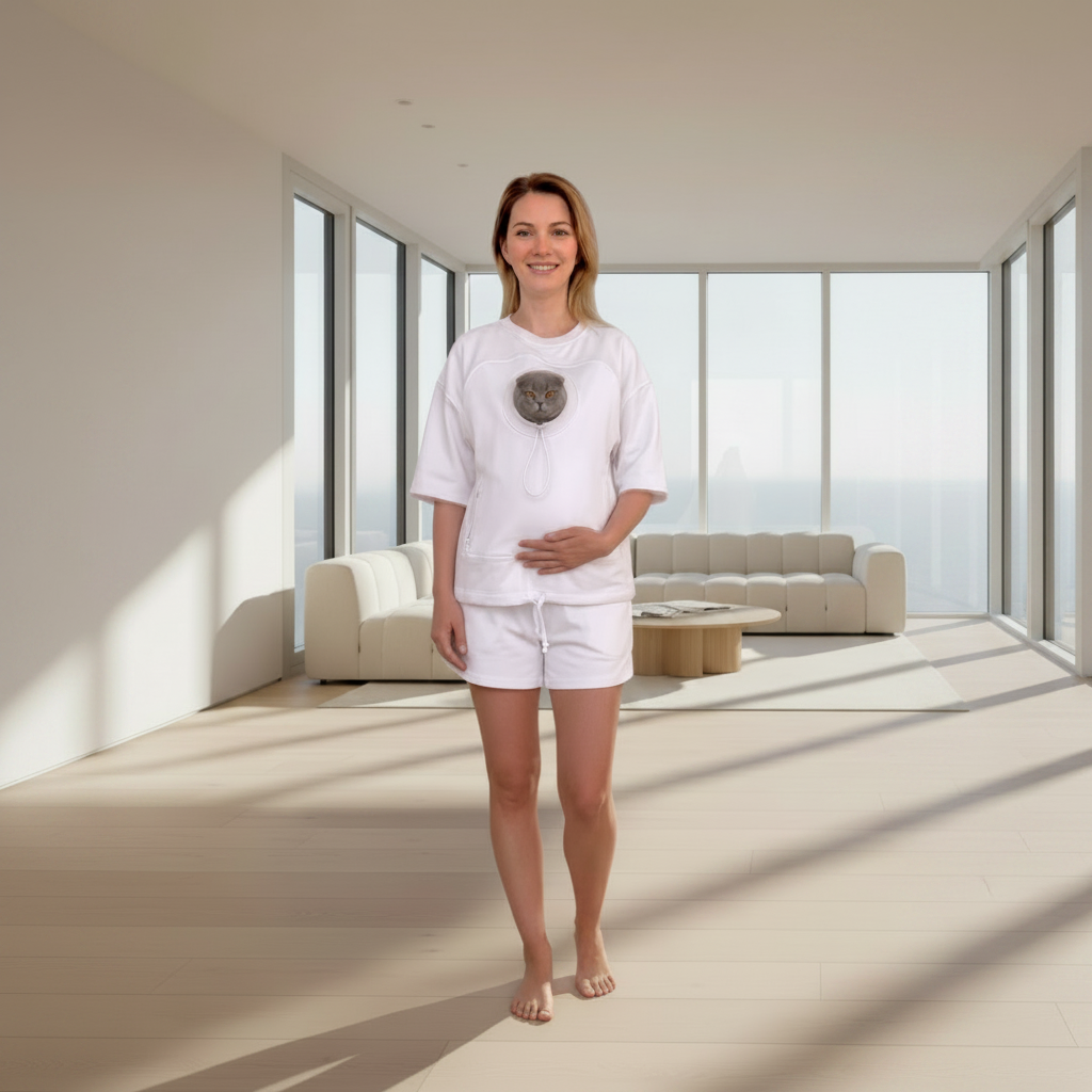 Woman in a white outfit standing in a modern, sunlit room with large windows.