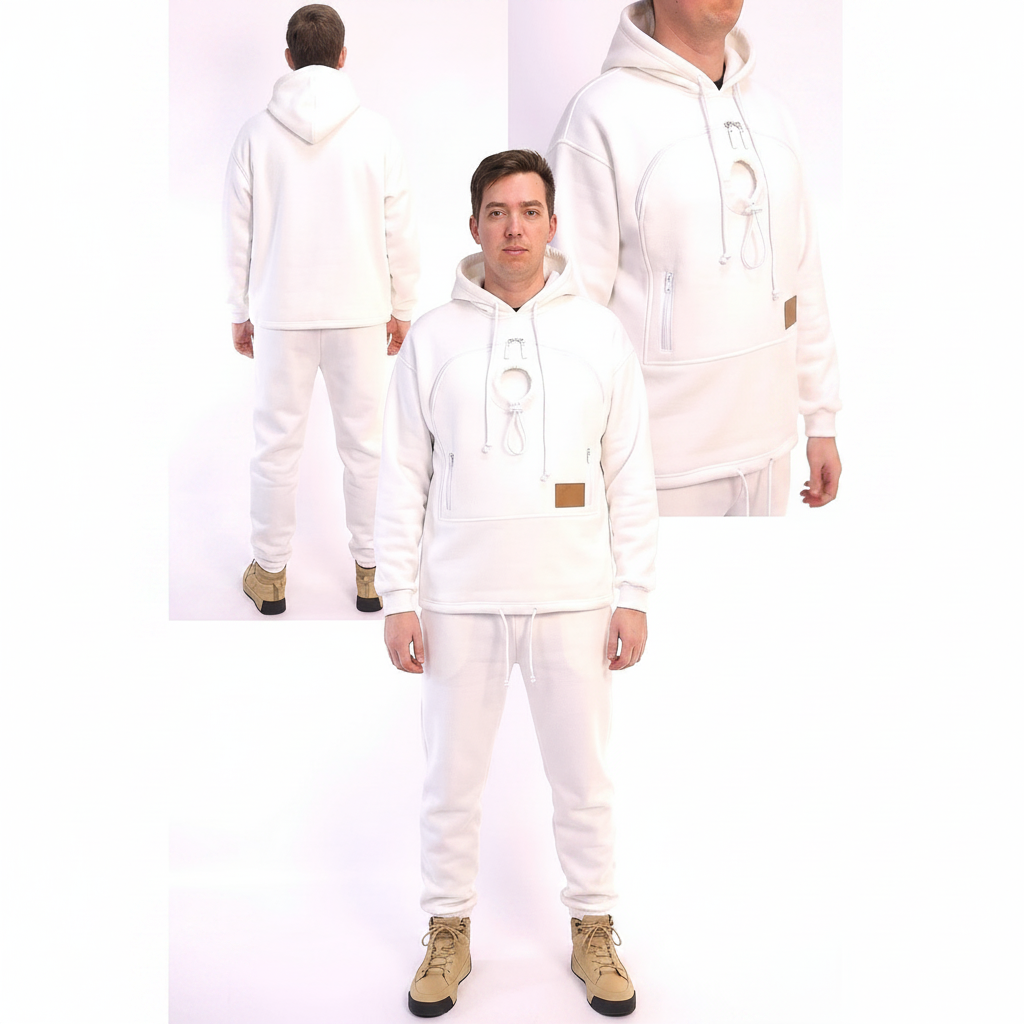 Person wearing a white hoodie and pants with a brown logo patch, standing against a white background.