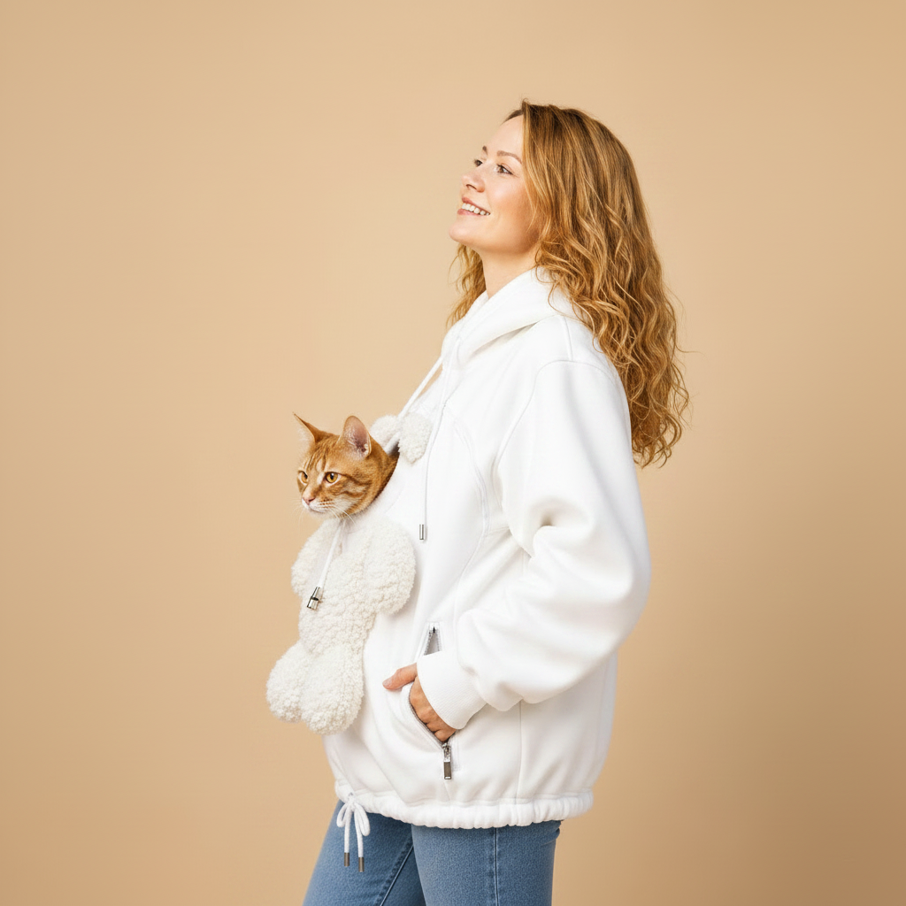A woman wearing a white fleece hoodie with a built-in plush cat pocket, holding an orange tabby cat inside. She is standing against a solid beige studio background.