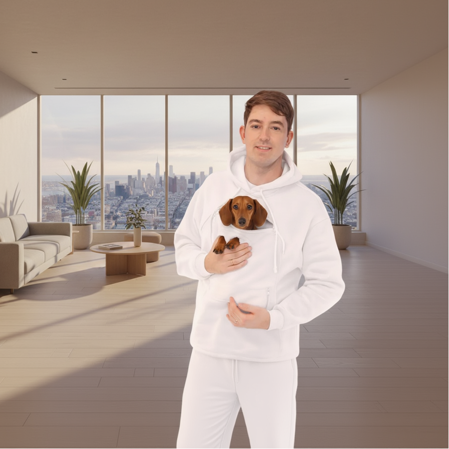 Person wearing a white hoodie with small dog inside on a light pink background Main image