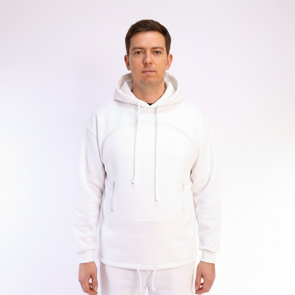Person wearing a white hoodie on a white background