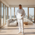 Person wearing a white hoodie and pants standing in a modern living room with large windows.