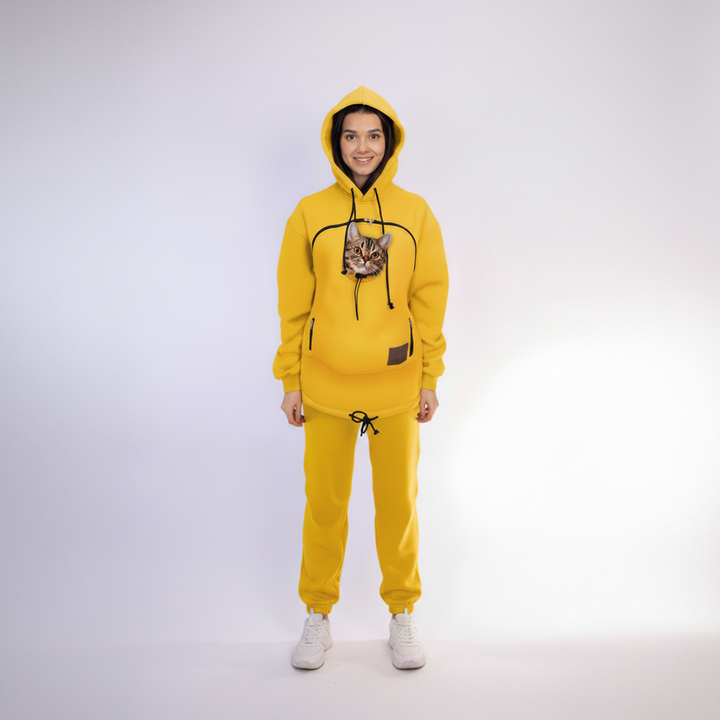 Person wearing a yellow hoodie with a cat inside on a white background