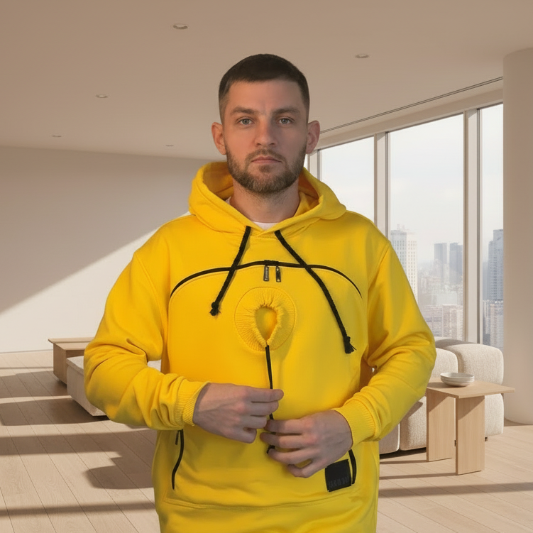 Man wearing a yellow hoodie in a modern living room with large windows.