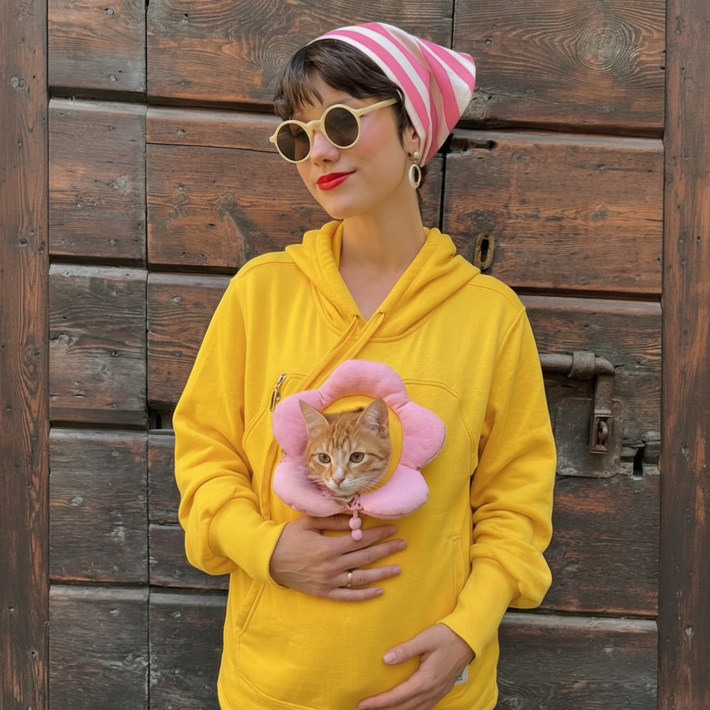 A woman wearing a bright yellow hoodie, pink striped beanie, and round sunglasses holds a ginger cat wearing a pink flower-shaped pet collar against a rustic wooden door background. Main image