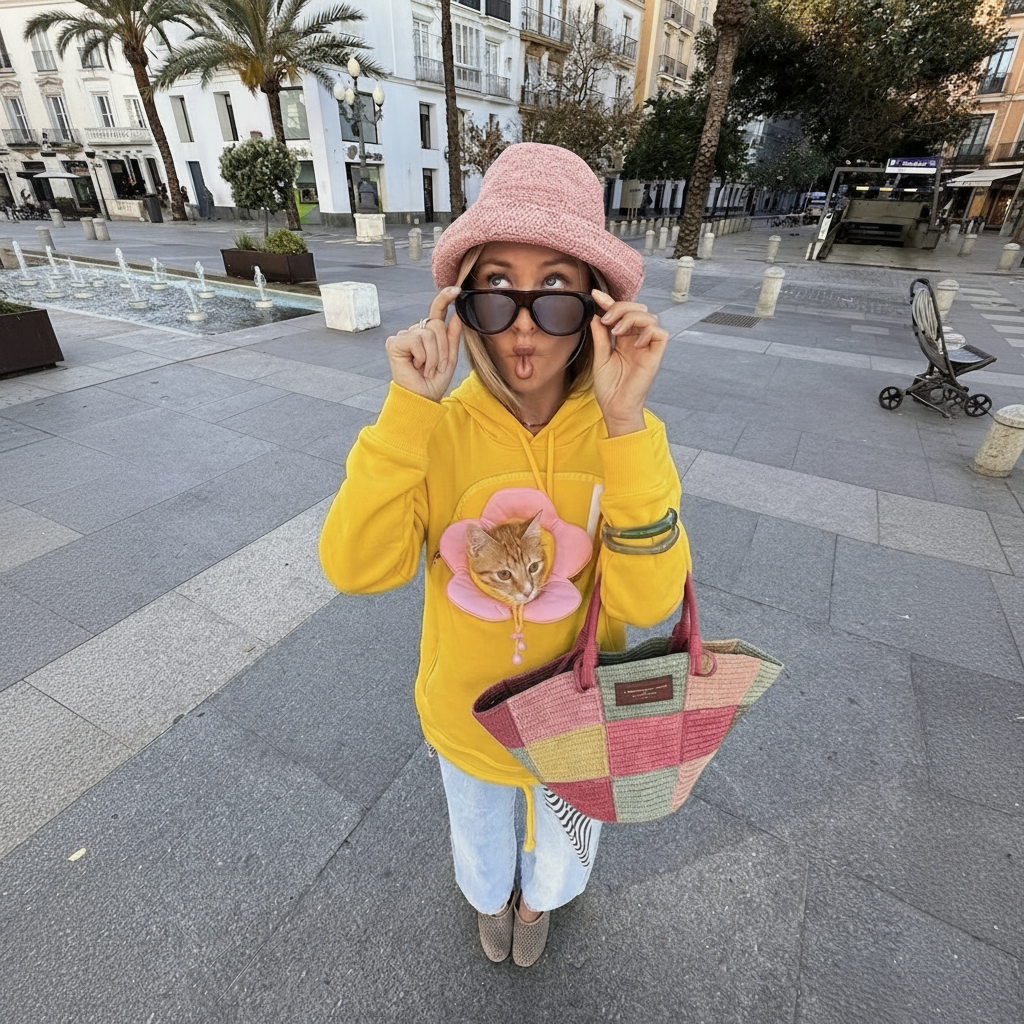 A woman in a yellow hoodie with a flower cat, pink hat, and black sunglasses stands in a city plaza holding a colorful patchwork tote bag.