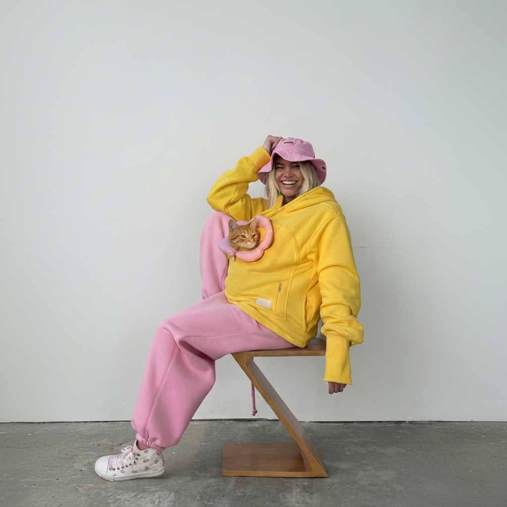 A person sitting on a wooden chair wearing a bright yellow hoodie with a pink flower patch, pink sweatpants, a pink bucket hat, and white sneakers against a plain light gray wall.