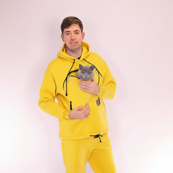 Yellow Hoodie Men: Cat Holder Zip Up Pouch Hoodie - Perfect Gift for Cat Lovers Secondary image
