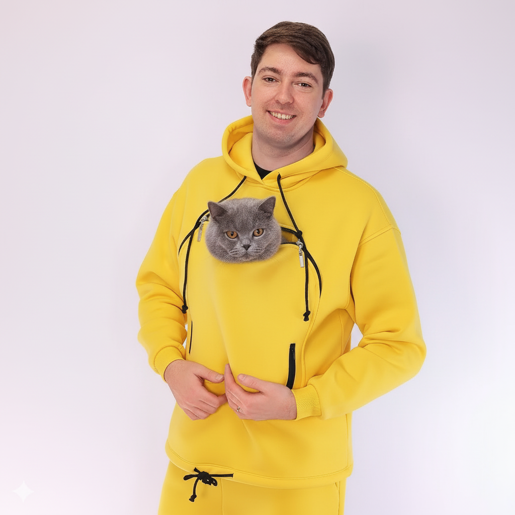 Person wearing a yellow hoodie with a cat face design on a white background Main image