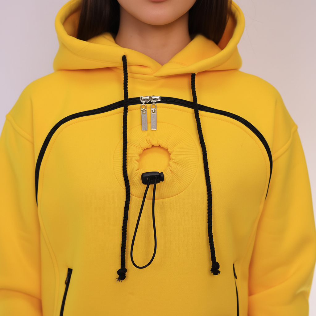 Yellow hoodie with black drawstrings and zipper on a plain background
